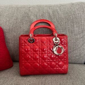 Christian Dior - Lady Dior Red Medium Handbag with Silver